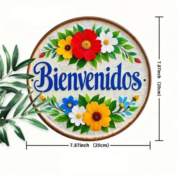 Bienvenidos Welcome Sign, Round Metal Floral Wall Plaque, 7.87 Inch Rustic Spanish Front Door Decor