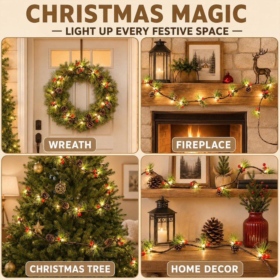 Pine Cone Christmas String Lights, 20 Warm White LED Battery Operated Garland With Red Berries, 6.6 Ft