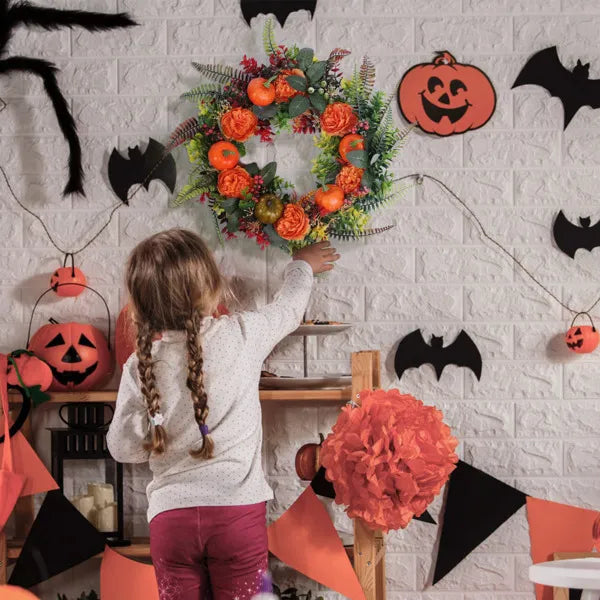 Autumn Wreath With Pumpkins, Berries and Flowers, 17.71" Fall Front Door Wreath for Indoor and Outdoor Decor