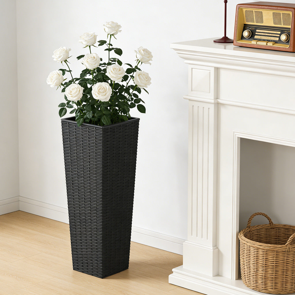 Tall Resin Planters, Set of 2 Black Rattan Look Tapered Flower Pots With Drainage Holes and Removable Inner Pot
