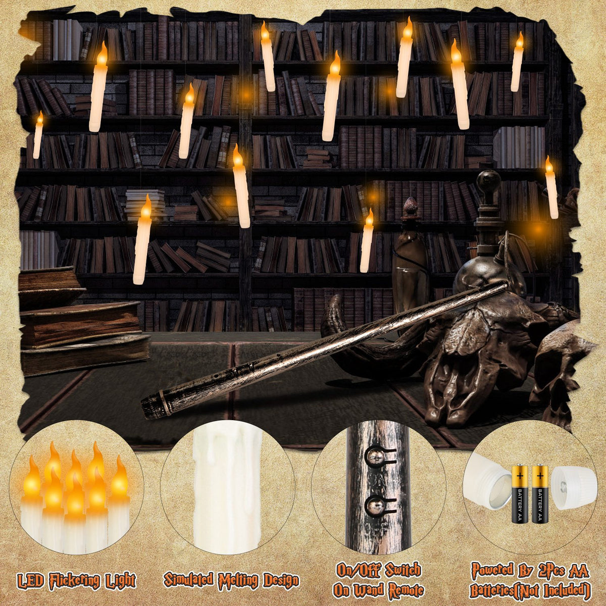 Floating LED Candles With Magic Wand Remote, 12 Pack Flameless Flickering Taper Candles With Hooks and Hanging Wire