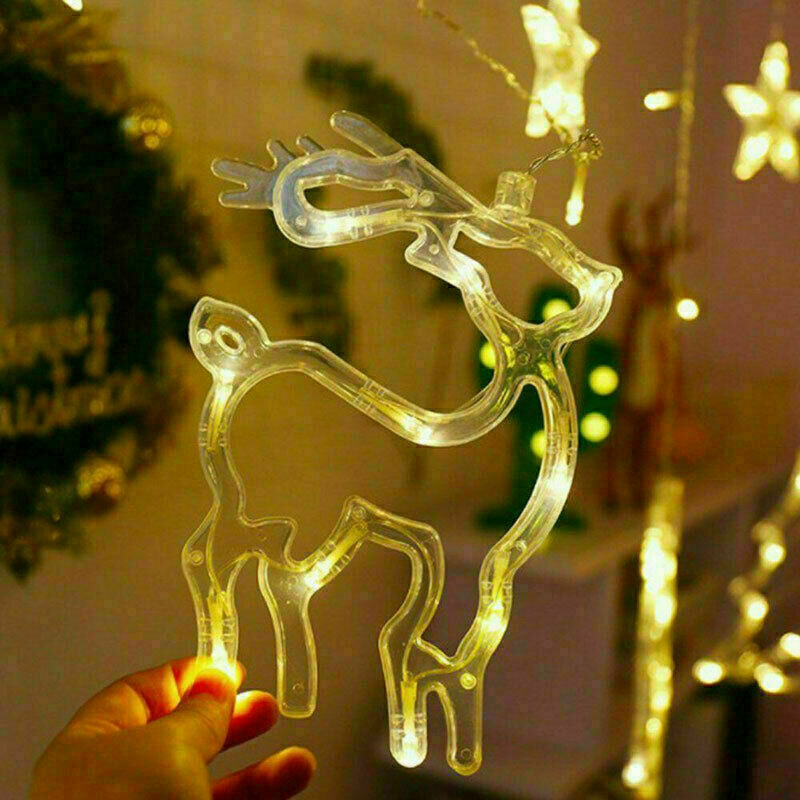 LED Christmas Curtain String Lights, Star Bell Tree and Reindeer Window Fairy Lights, Battery or USB Powered