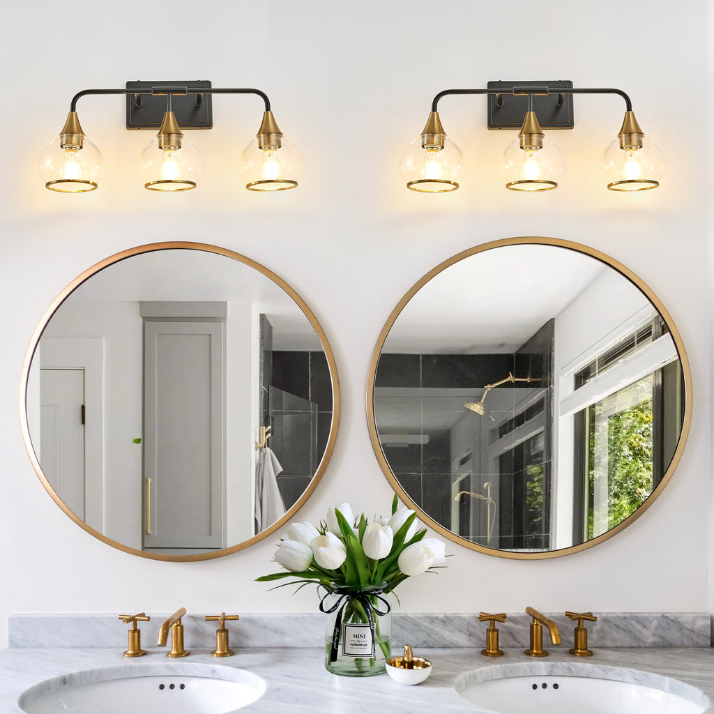 3-Light Bathroom Vanity Light, Black and Gold Wall Sconce With Clear Glass Shades, 23 in. Modern Industrial Fixture