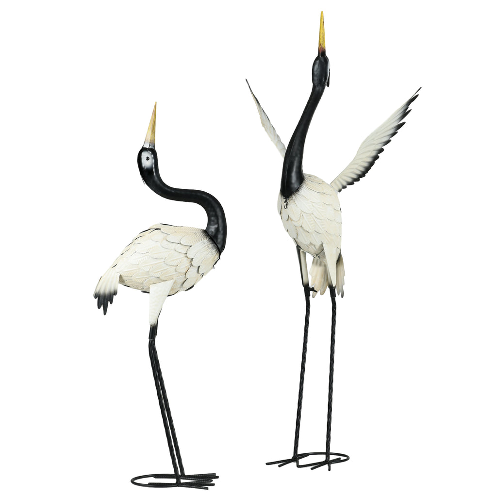 Metal Heron Garden Statues, Set of 2 Standing Crane Yard Sculptures in White and Black, 35.5" and 40.5" Steel Lawn Decor