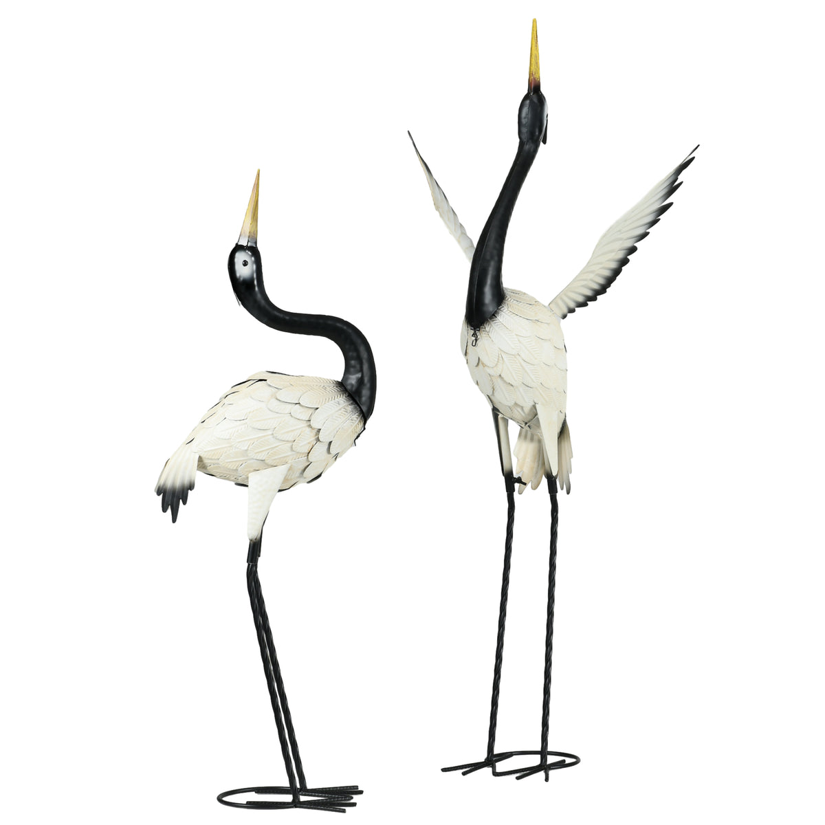 Metal Heron Garden Statues, Set of 2 Standing Crane Yard Sculptures in White and Black, 35.5" and 40.5" Steel Lawn Decor