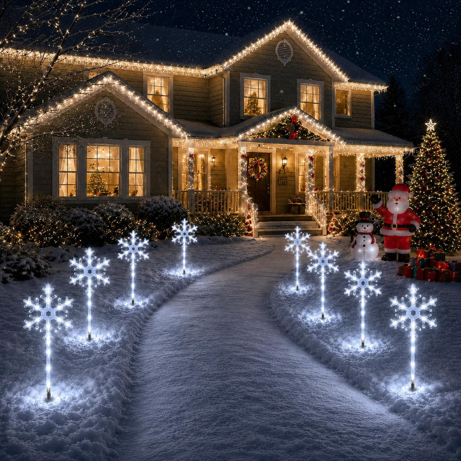 Solar Snowflake Pathway Lights, 4 Pack White LED Christmas Stake Lights for Yard and Walkway