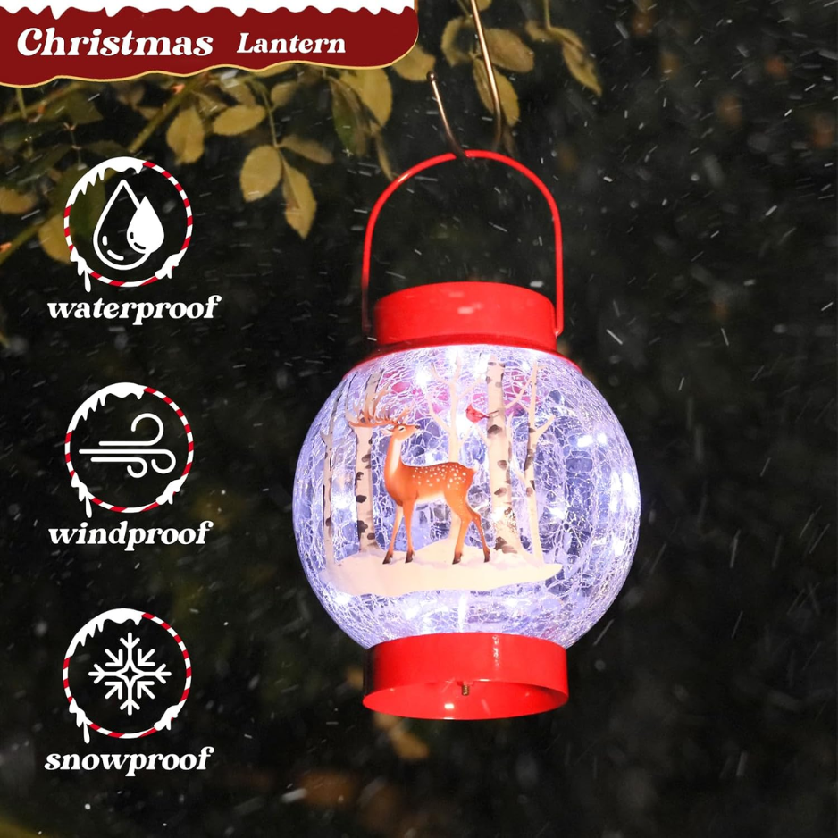 Christmas Solar Lantern With Deer and Birch Tree Scene, Red Metal and Crackle Glass Hanging Outdoor Light