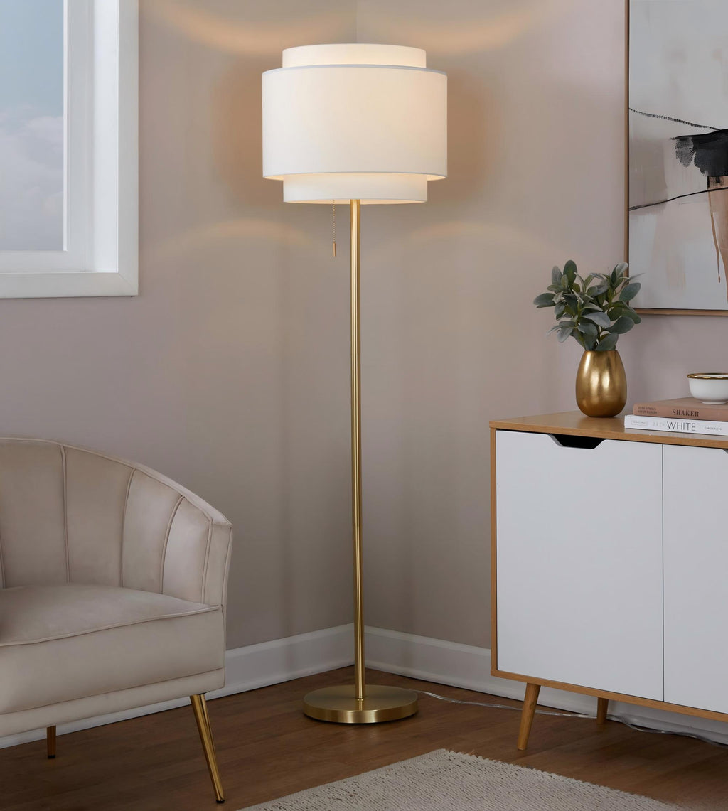 Gold Metal Floor Lamp With Tiered Off-White Linen Shade, 63.5 Inch Contemporary Standing Lamp