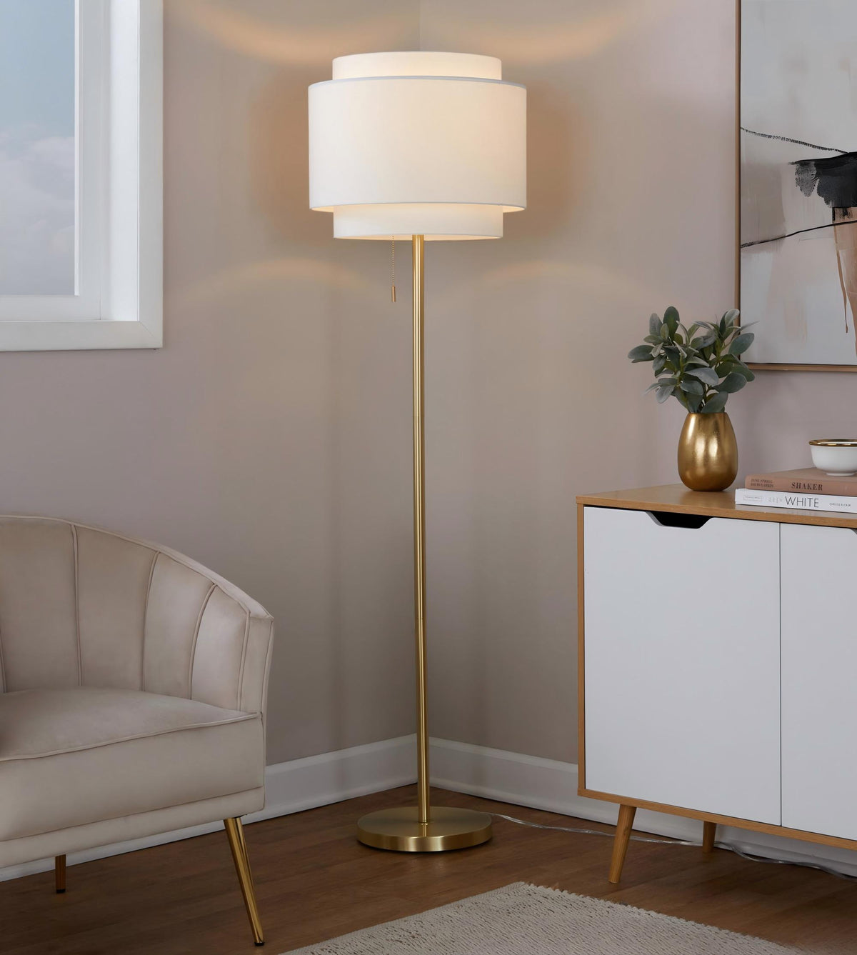 Gold Metal Floor Lamp With Tiered Off-White Linen Shade, 63.5 Inch Contemporary Standing Lamp