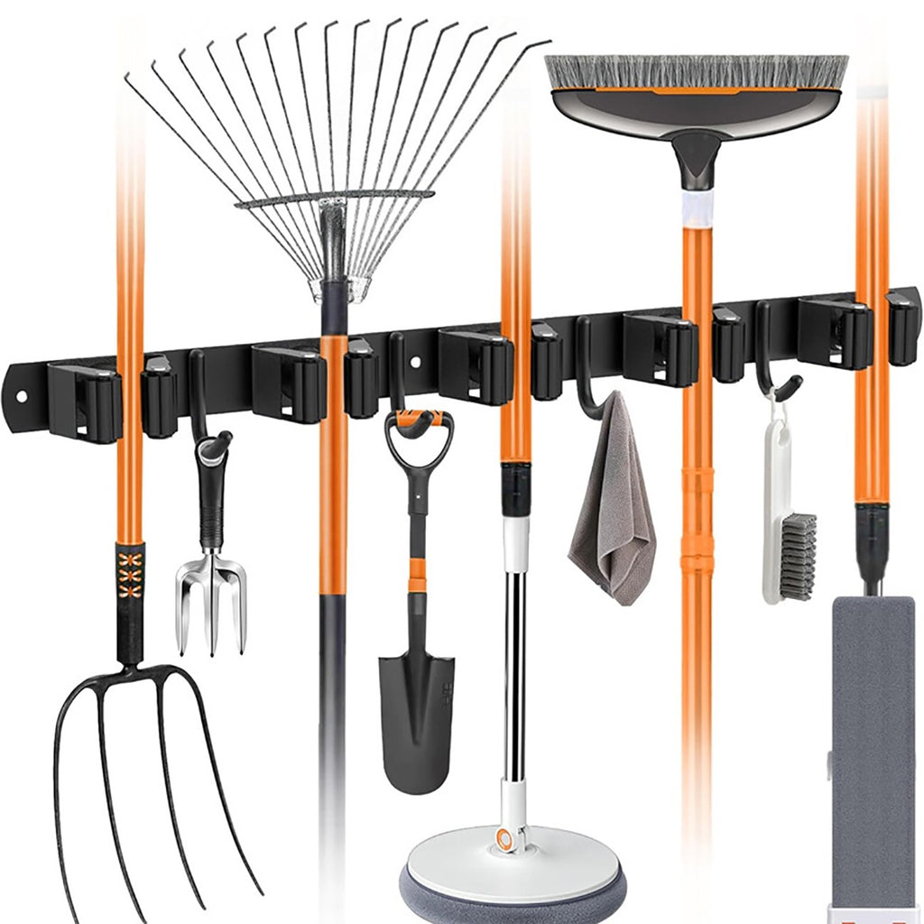 Broom and Mop Holder Wall Mount, Black Stainless Steel Garden Tool Organizer with 5 Slots and 4 Hooks, 17 in