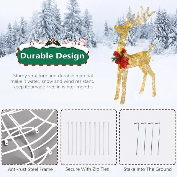 Lighted Christmas Reindeer Outdoor Decoration, 4 Ft Pre-Lit Gold Glitter Deer With 90 Warm White LED Lights, Stakes and Zip Ties