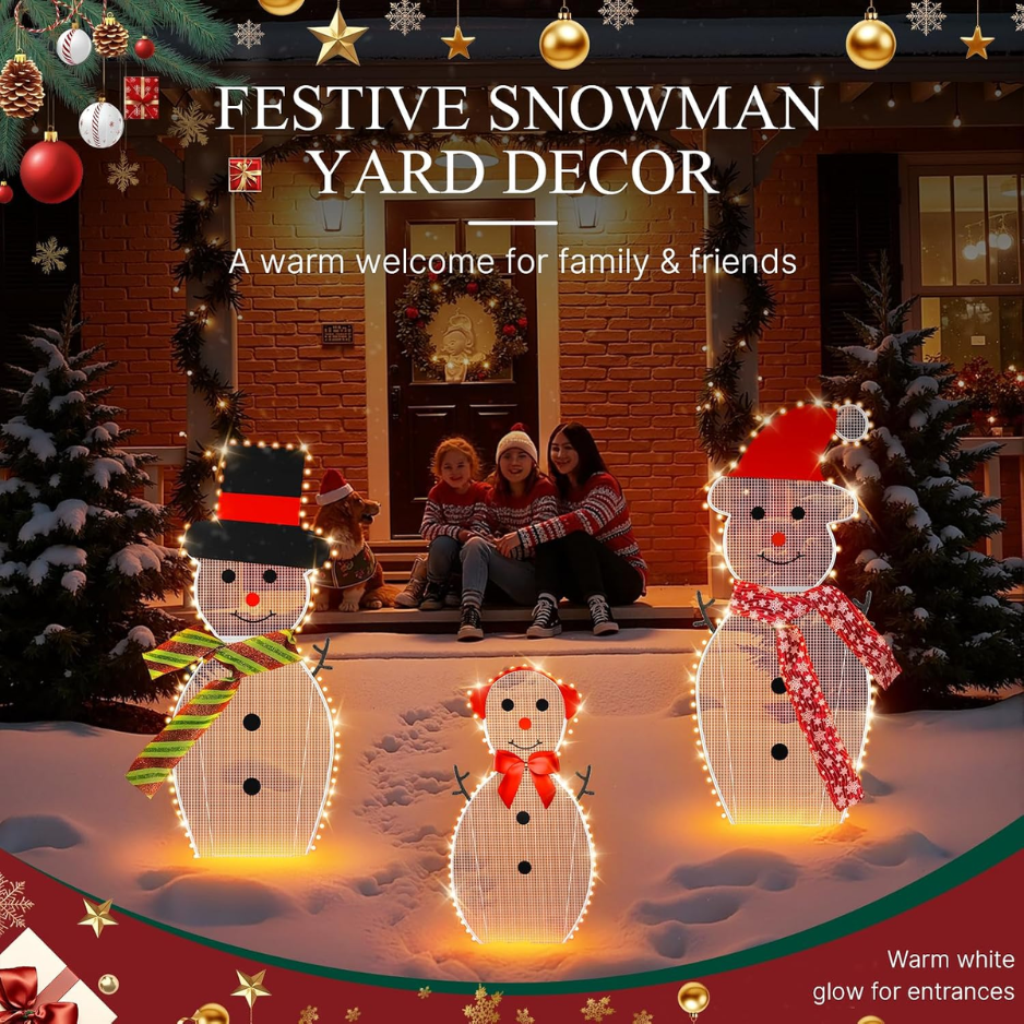 Lighted Snowman Family Christmas Yard Decorations, Set of 3 With 180 LED Lights, Metal Frame Outdoor Holiday Lawn and Porch Decor