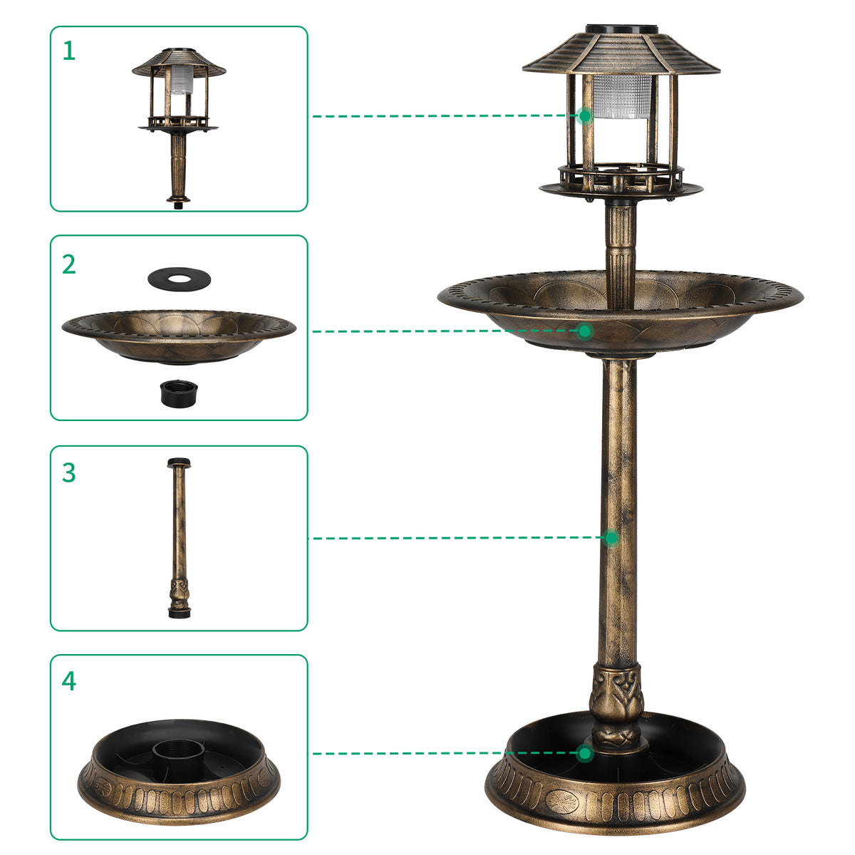Solar Bird Bath With Light, Bronze Resin Pedestal Birdbath for Garden and Yard, 42" Tall Round Antique Style