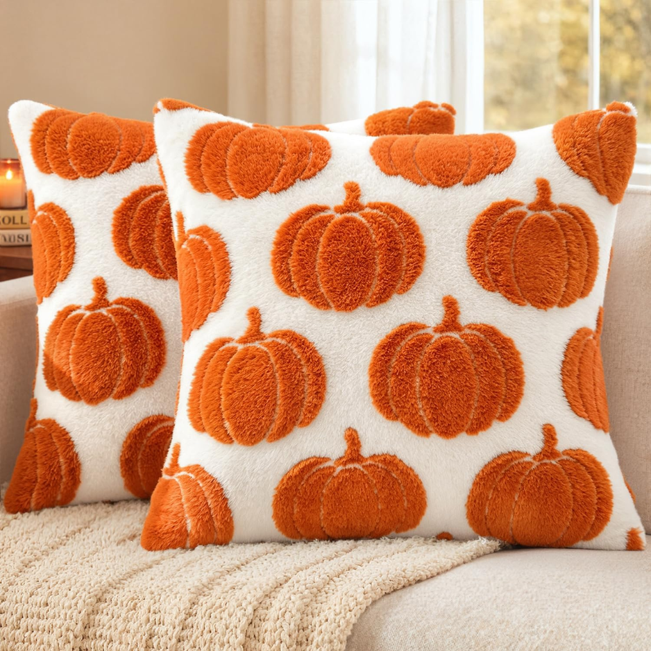 Pumpkin Throw Pillow Covers, Set of 2, 18x18 Orange Plush Fall Decor Cushion Cases