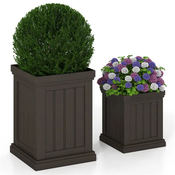 Square Planter Box Set of 2, Stackable Brown Planters With Drainage Holes for Indoor and Outdoor Use