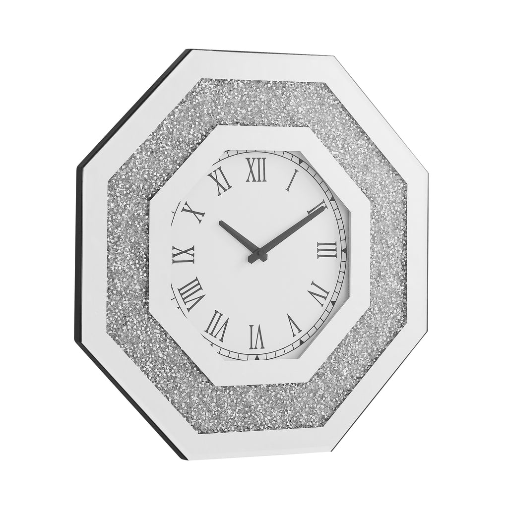 Octagonal Mirrored Wall Clock, 20 Inch Silver Faux Gemstone Glam Decor With Roman Numerals