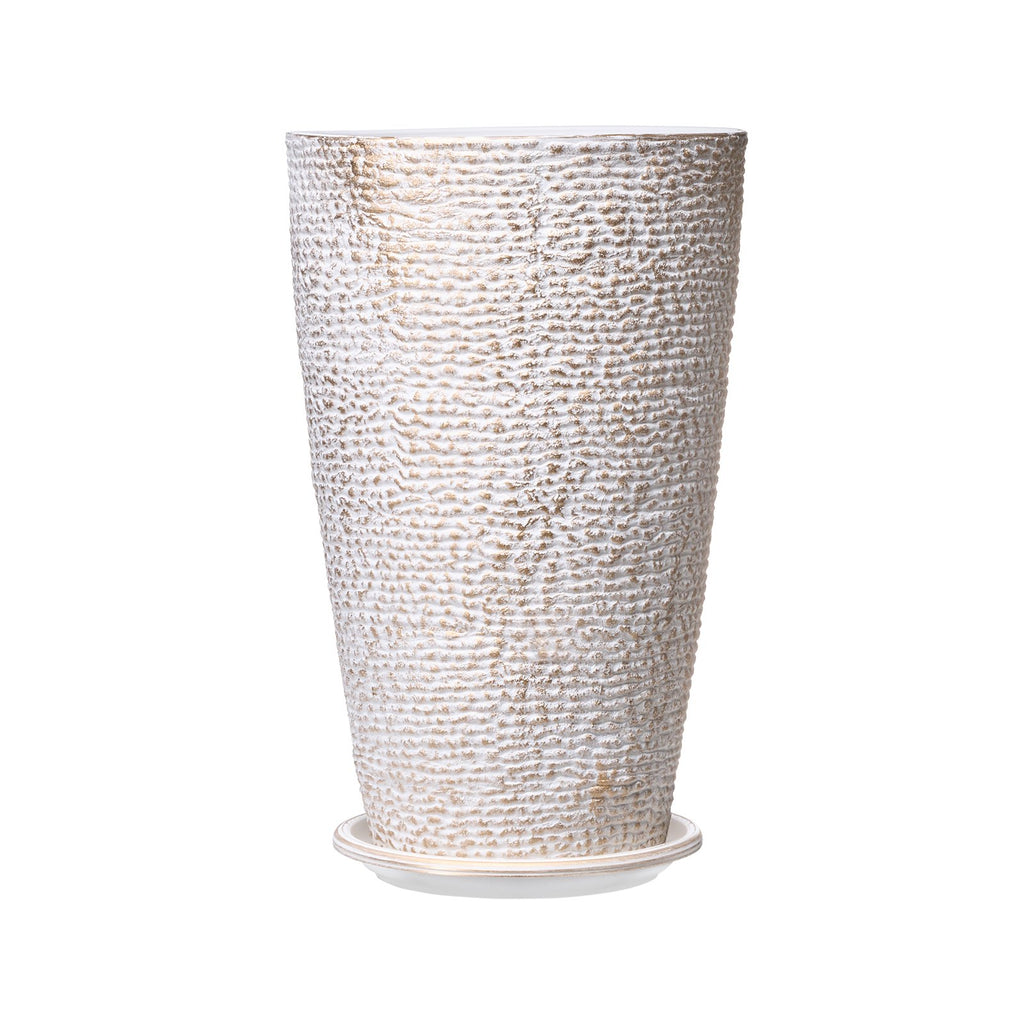 Set of 2 Tall Outdoor Planters, 21" Round Beige Stone Finish Plant Pots With Drainage and Water Trays for Porch and Patio