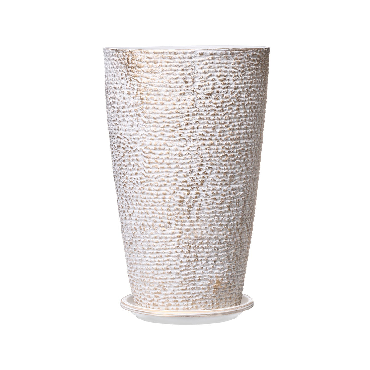 Set of 2 Tall Outdoor Planters, 21" Round Beige Stone Finish Plant Pots With Drainage and Water Trays for Porch and Patio