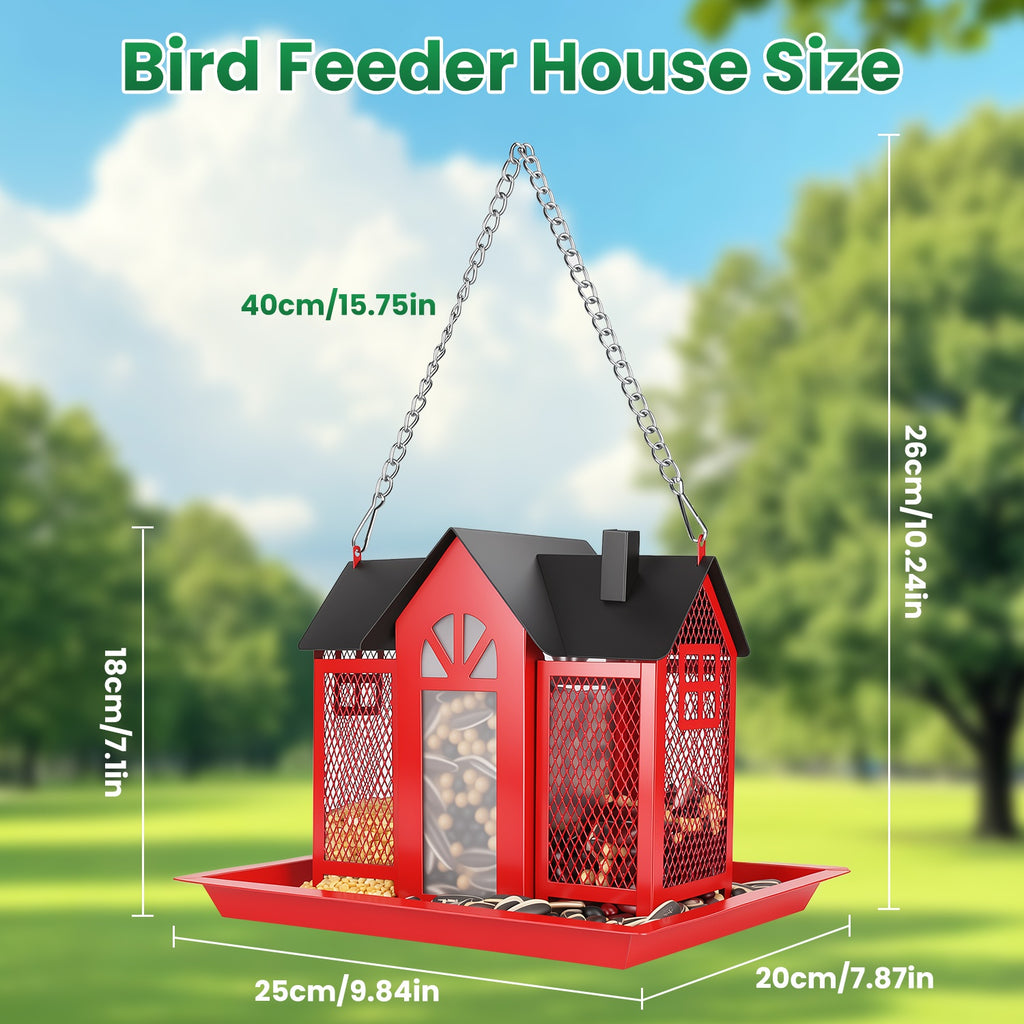 Metal Hanging Bird Feeder House, Barn Style Iron Wild Bird Seed Feeder with Visible Window and Lift-Top Lid, 15.75 in Chain, White or Red