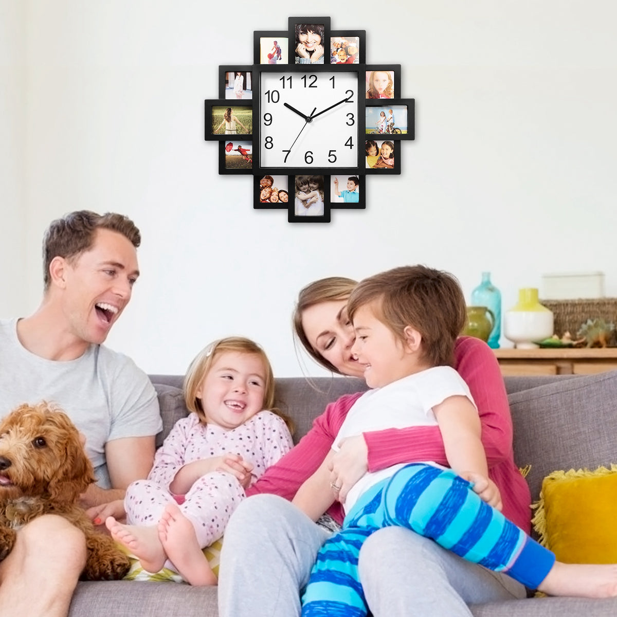 Photo Frame Wall Clock With 12 Picture Collage Openings, Black ABS, 15.35 In Square Family Photo Display