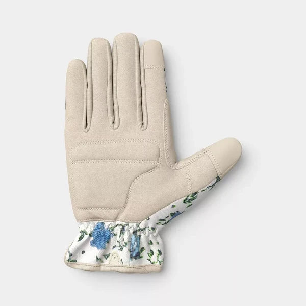Floral Duck Canvas Garden Gloves, Khaki Blossom Print Work Gloves for Women, One Size