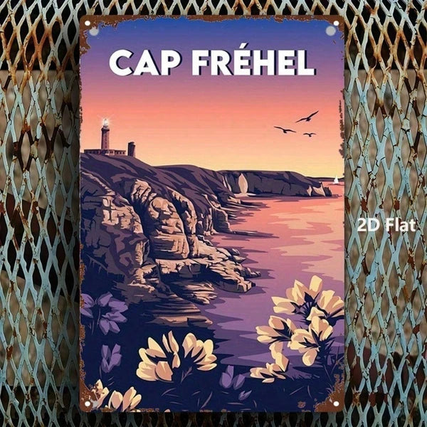 Cap Fréhel Lighthouse Metal Wall Sign, Vintage French Coastal Sunset Art for Home, Bar, Café or Garage