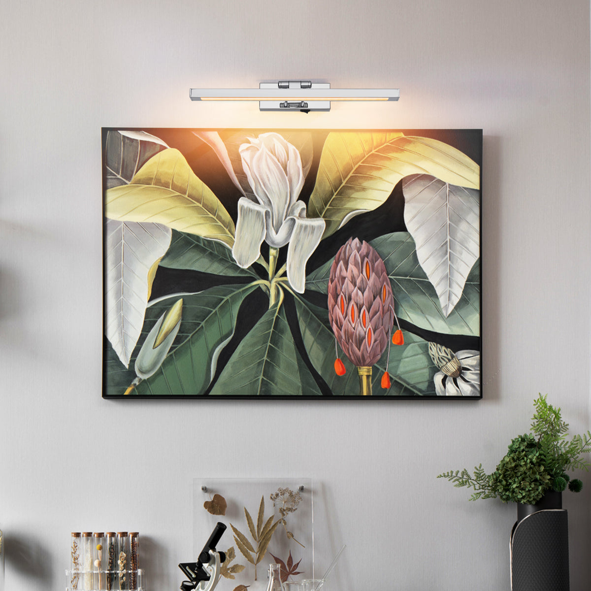 Battery Picture Light, 16 Inch Wireless LED Art Light With Remote, Chrome Metal Rechargeable Wall Sconce for Paintings and Photo Frames