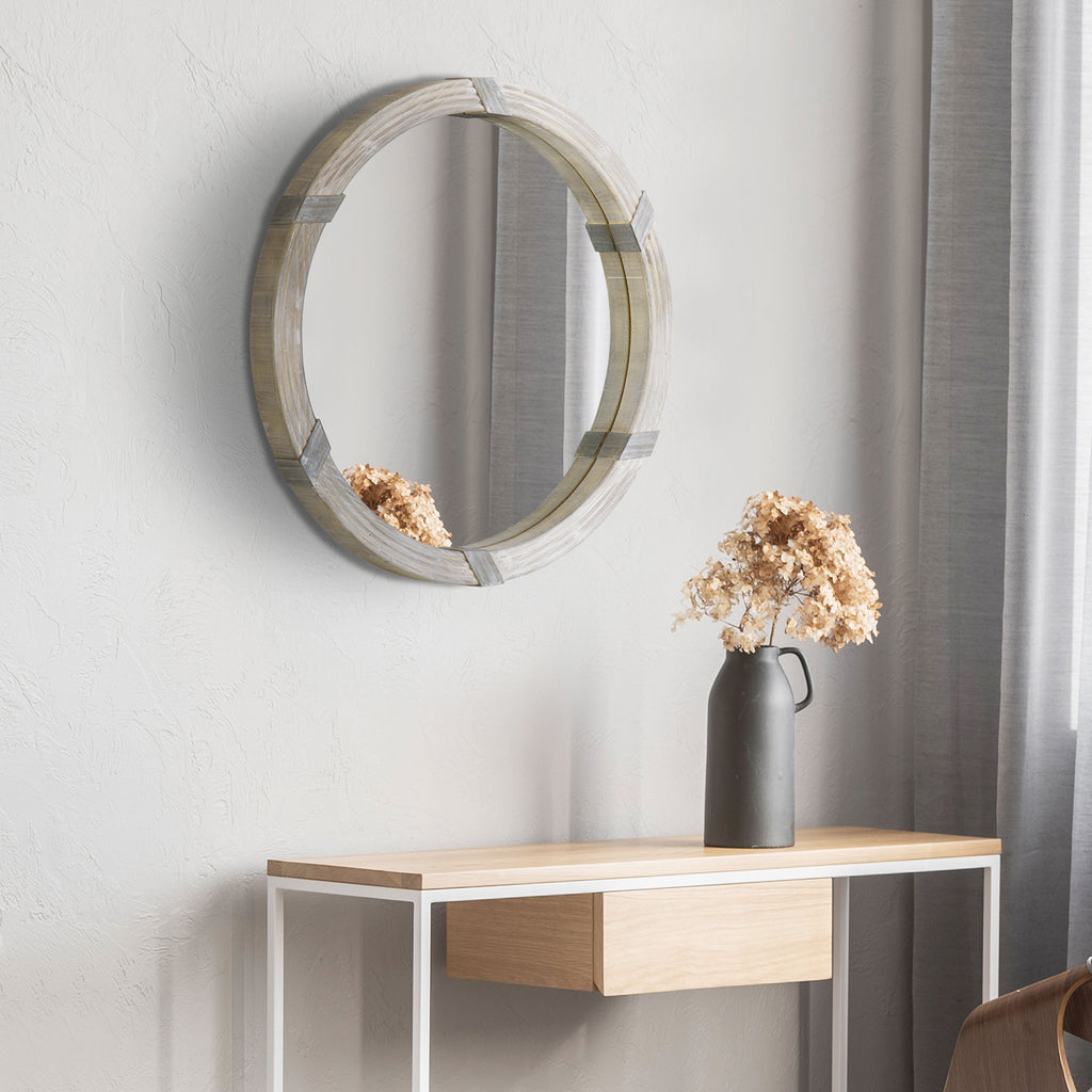 Round Wood Wall Mirror, 30.75" Farmhouse Decorative Mirror for Living Room, Bedroom, Hallway, Natural Wood Finish