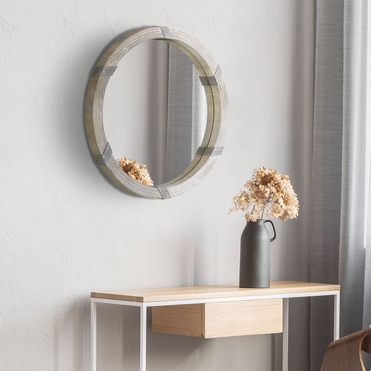 Round Wood Wall Mirror, 30.75" Farmhouse Decorative Mirror for Living Room, Bedroom, Hallway, Natural Wood Finish
