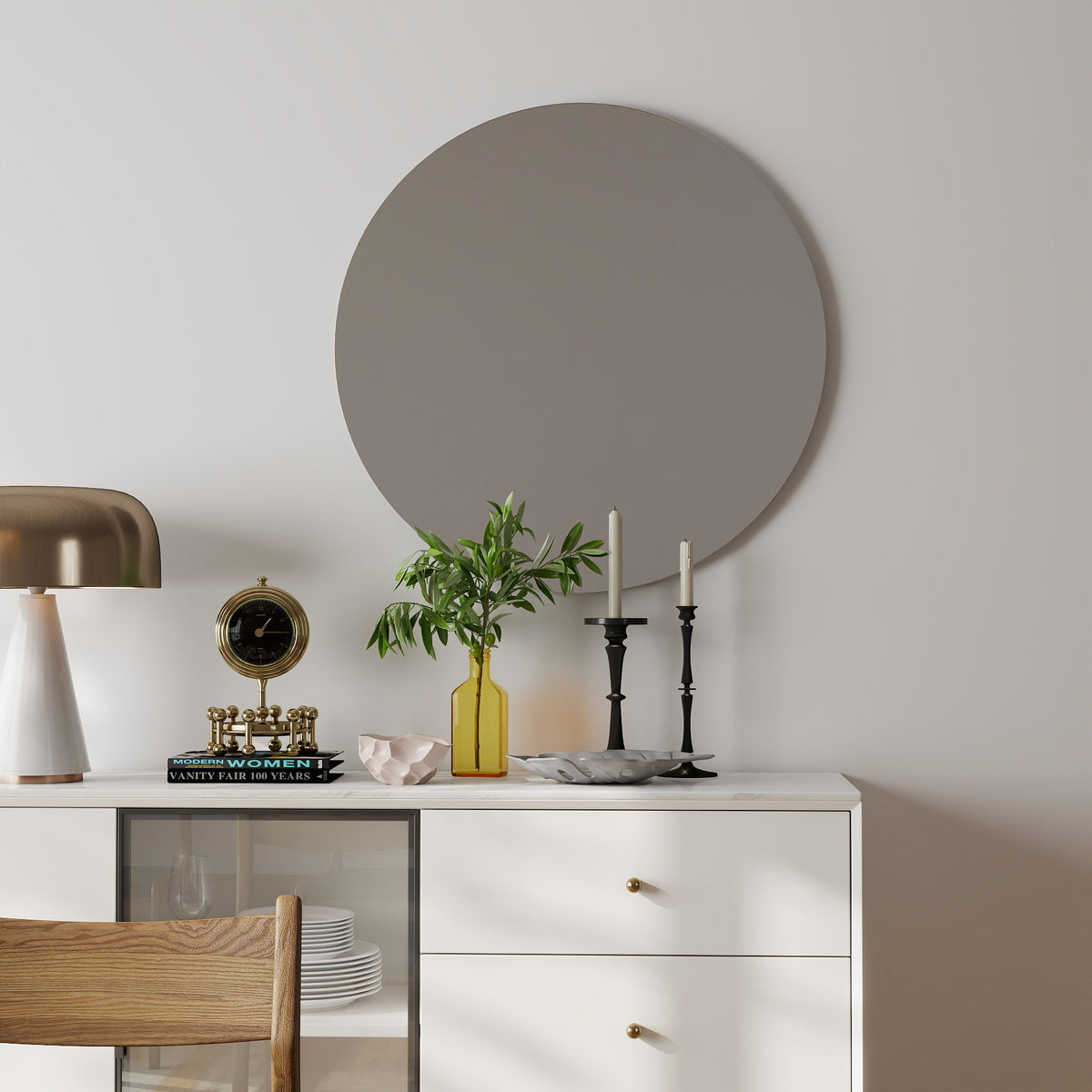 Round Wall Mirror, 31.5 In. Frameless Bathroom and Entryway Mirror in Antique Silver