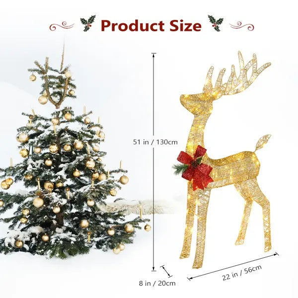 Lighted Christmas Reindeer Outdoor Decoration, 4 Ft Pre-Lit Gold Glitter Deer With 90 Warm White LED Lights, Stakes and Zip Ties