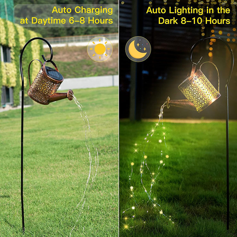 Solar Watering Can Lights With Cascading String Lights, 2 Pack Metal Garden Stake Lanterns