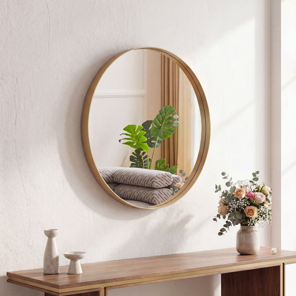 Round Wall Mirror With Brushed Aluminum Frame, Tempered Glass Bathroom Vanity Mirror in Black or Gold, 20 to 30 Inch