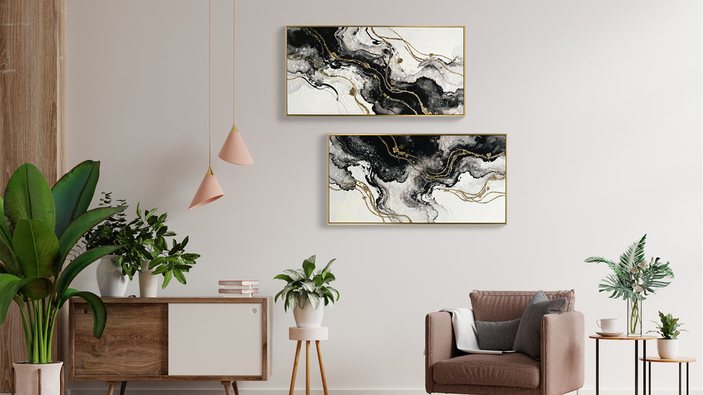 Large Framed Abstract Wall Art, Set of 2 Black White and Gold Canvas Prints, 20 x 40 In Hand-Painted Modern Decor