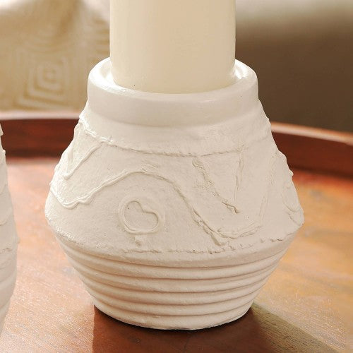 Organic Pattern Terracotta Candle Holder, White Rustic Pillar Candle Stand, 5.2 x 5.2 x 5.5 in.
