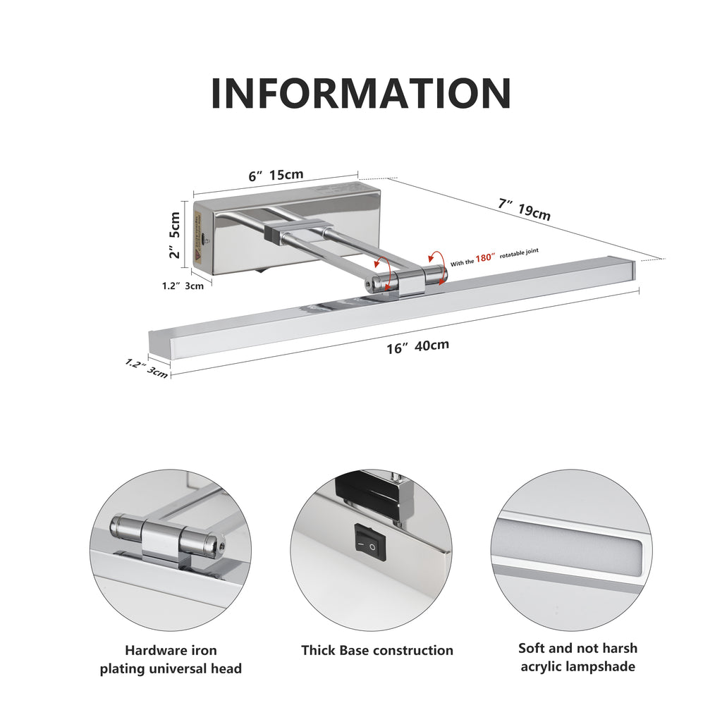 Battery Picture Light, 16 Inch Wireless LED Art Light With Remote, Chrome Metal Rechargeable Wall Sconce for Paintings and Photo Frames