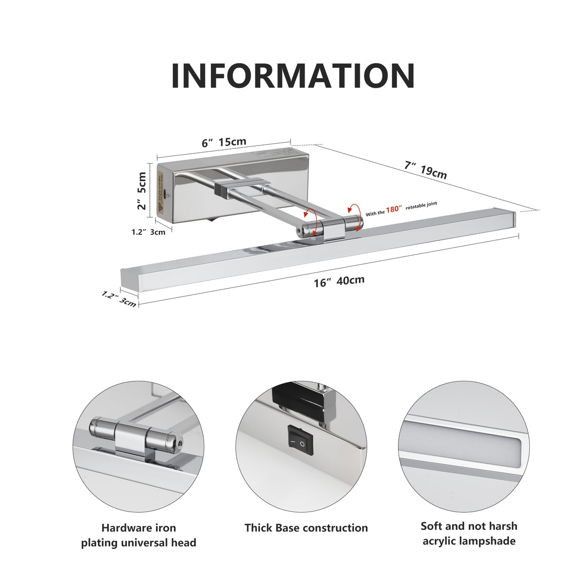 Battery Picture Light, 16 Inch Wireless LED Art Light With Remote, Chrome Metal Rechargeable Wall Sconce for Paintings and Photo Frames