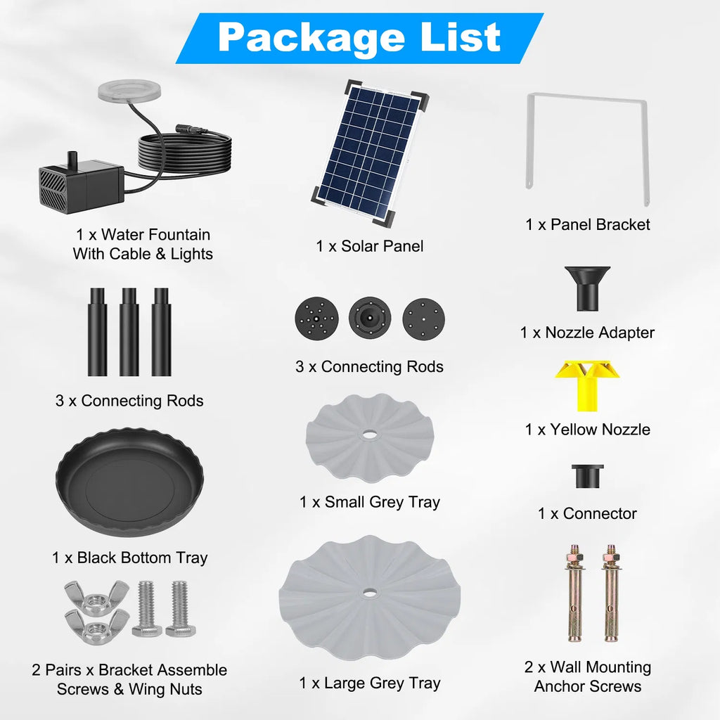 Solar Water Fountain Pump for Bird Bath, 6W Panel With Battery Backup, LED Lights, 3 Nozzles and 2-Tier Trays