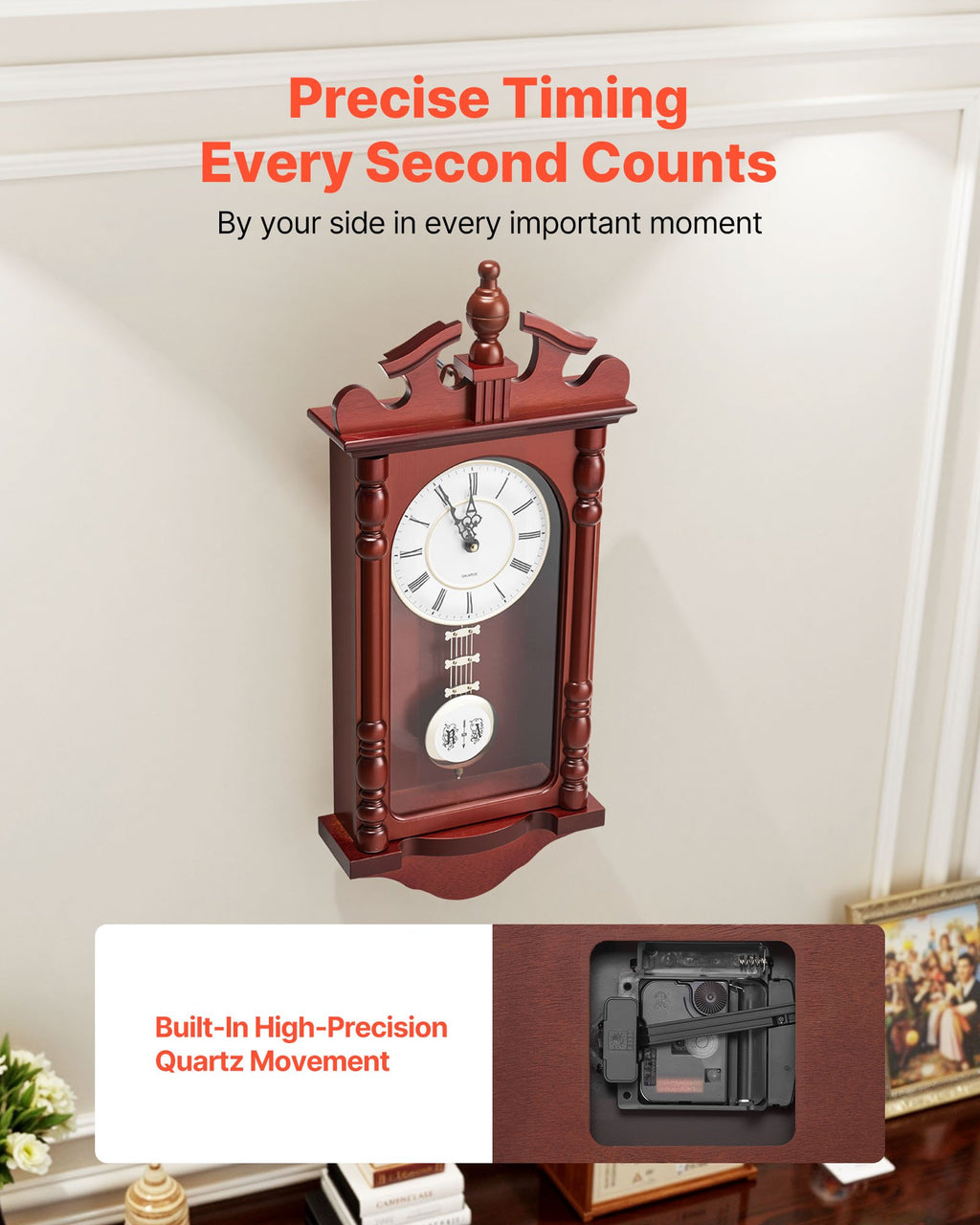 Pendulum Wall Clock, 23.2 In Wood Grandfather Clock With Quartz Movement, Cherry Tone Finish, Silent Vintage Decor for Living Room