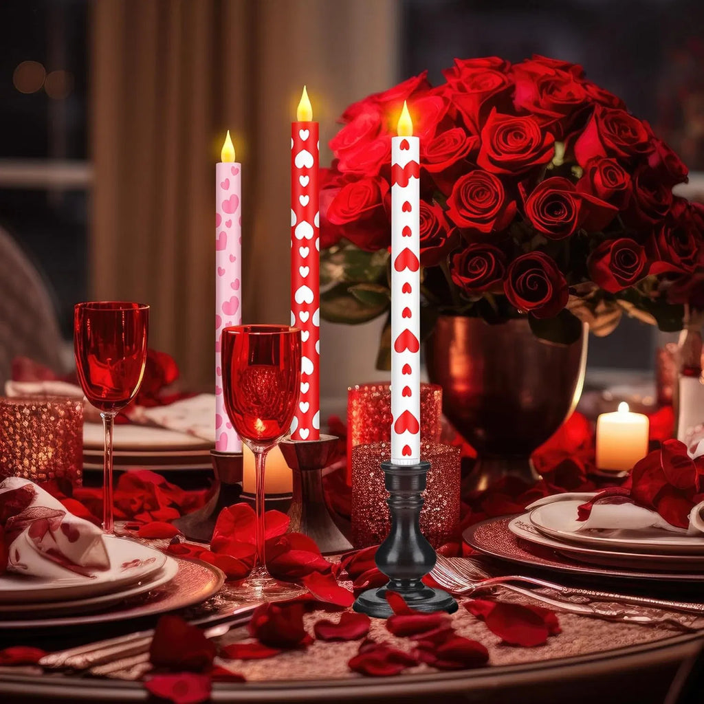 Flameless Taper Candles, Set of 6 Valentine Heart LED Candlesticks in Red, Pink and White, 10.6 Inch Battery Operated Candles
