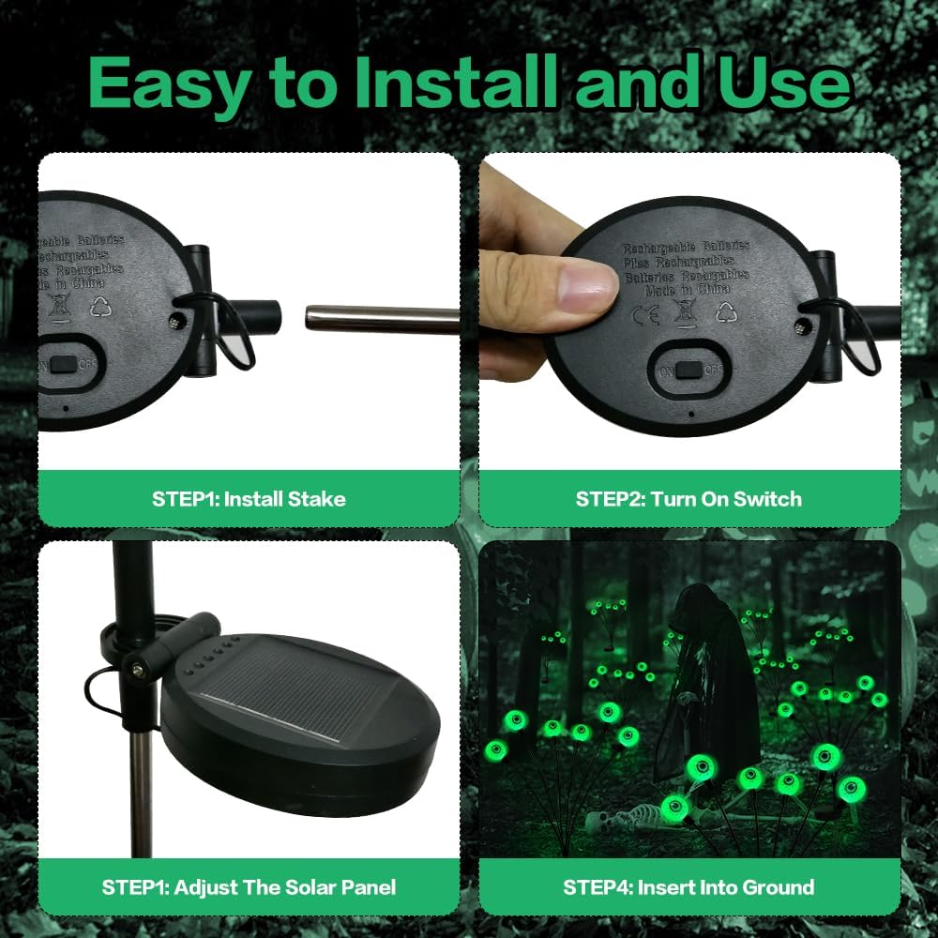 Solar Halloween Eyeball Stake Lights, 2 Pack 12 LED Green Swaying Firefly Yard Lights, Waterproof Outdoor Path Decor