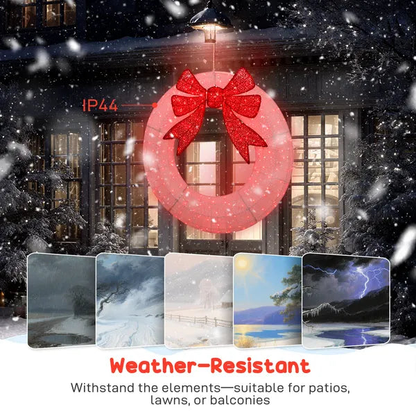 60" Lighted Christmas Wreath With Red Bow, 278 LED Color-Changing Outdoor Holiday Decoration With Remote