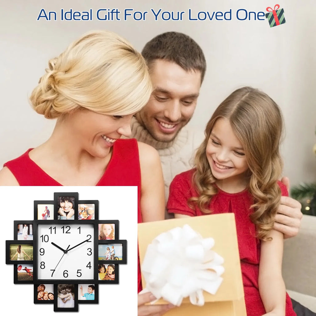 Photo Frame Wall Clock With 12 Picture Display Slots, Black ABS Collage Clock for Living Room, Bedroom, or Office, 15.35 In
