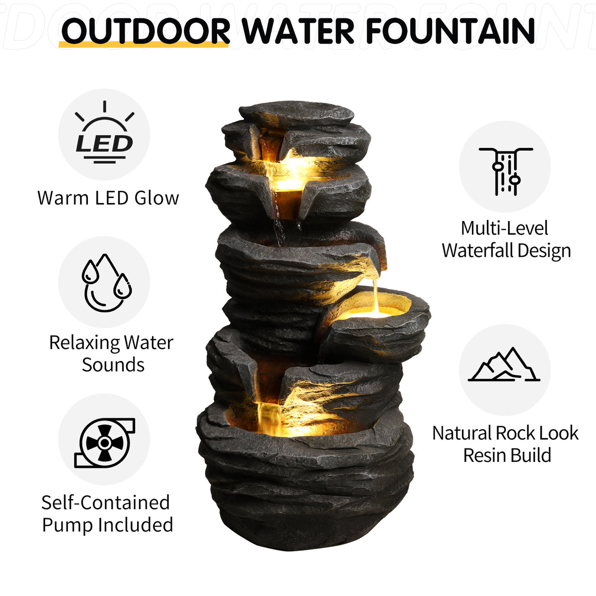 Outdoor Waterfall Fountain With LED Lights, Gray Resin Stacked Rock Cascading Water Feature, 25.6 In. Garden Decor for Patio and Porch