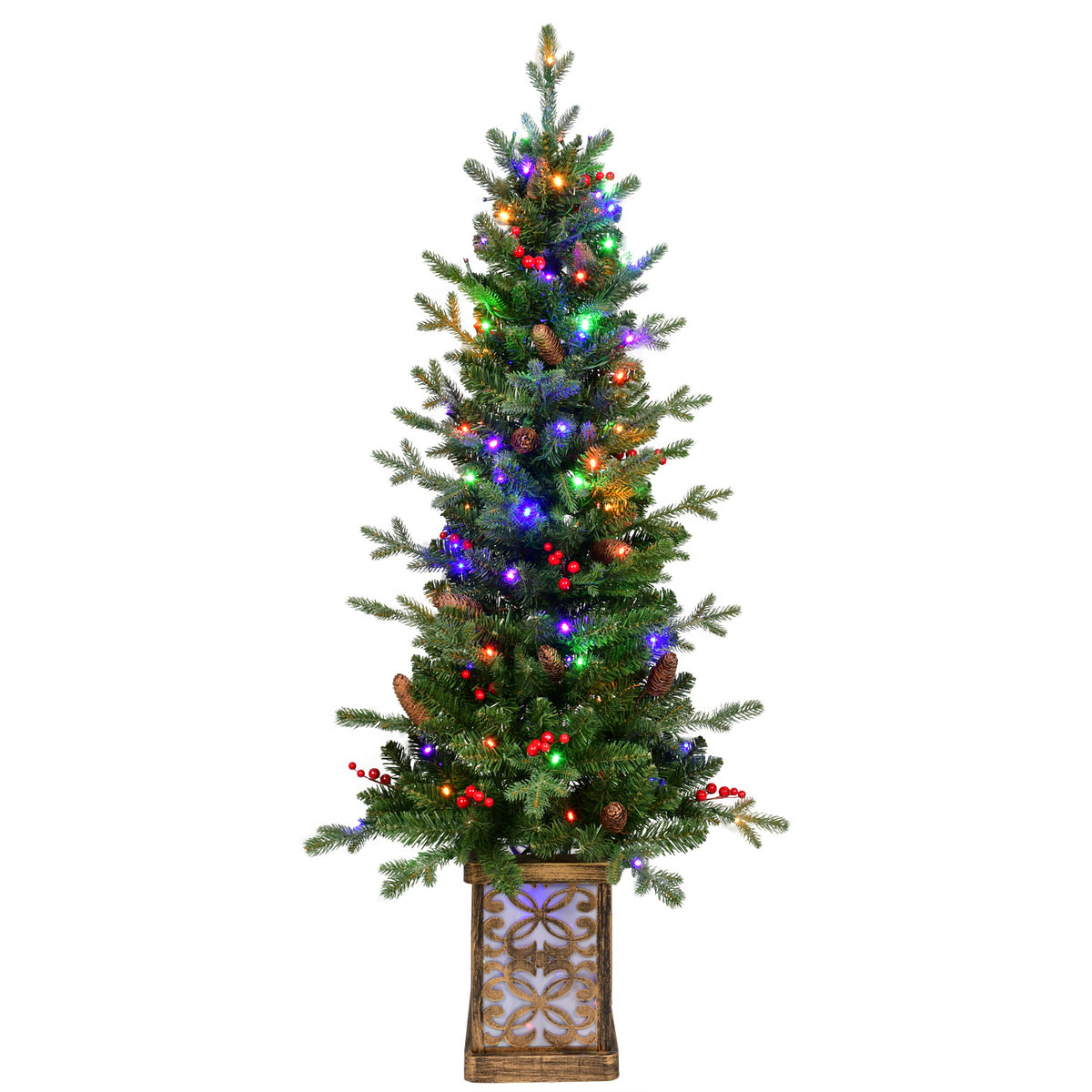 4 Ft Pre-Lit Potted Christmas Tree, Slim Artificial Porch Tree With Multicolor Lights, Pine Cones and Red Berries