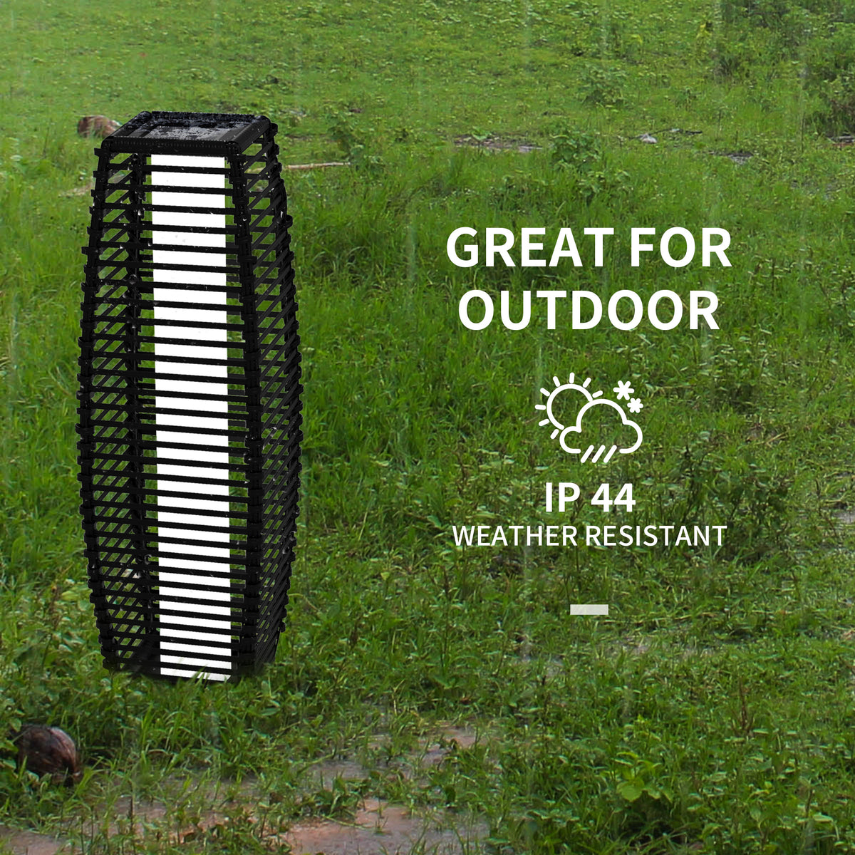 Solar Floor Lamp, Black PE Rattan Outdoor Garden Lantern for Patio, Pathway and Driveway, 26.75" Tall