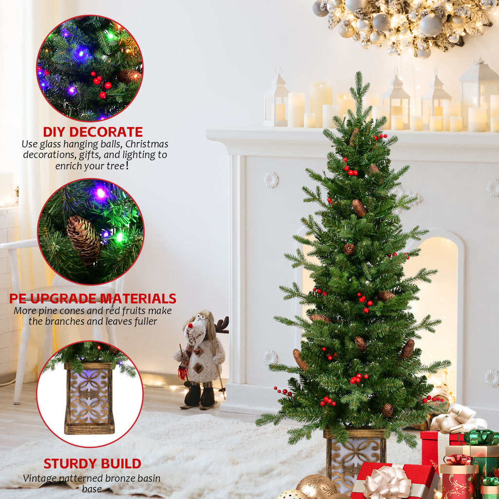 4 Ft Pre-Lit Potted Christmas Tree, Slim Artificial Porch Tree With Multicolor Lights, Pine Cones and Red Berries