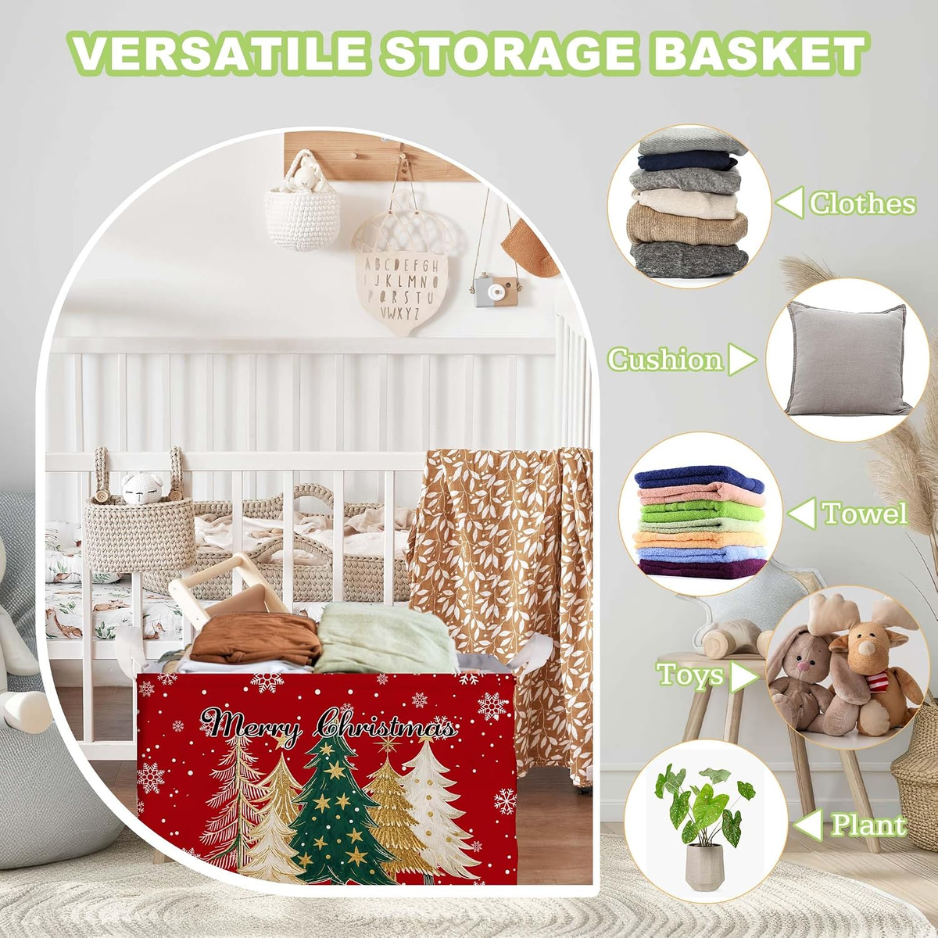Christmas Storage Basket, Red Canvas Foldable Storage Bin With Handles, 15 x 10 x 8.6 Inch Holiday Laundry Hamper