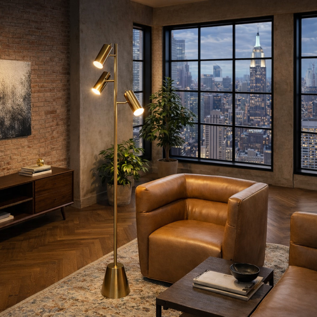 Gold Floor Lamp With 3 Adjustable Spotlights, Brass Metal Tree Lamp With Cone Base, 63 in.
