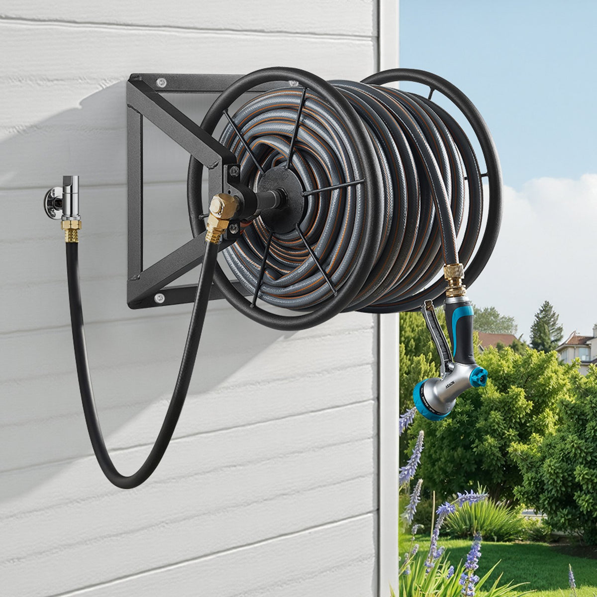 Wall Mounted Garden Hose Reel, Black Metal Manual Hose Winder With Brass Fitting, Holds Up to 200 ft